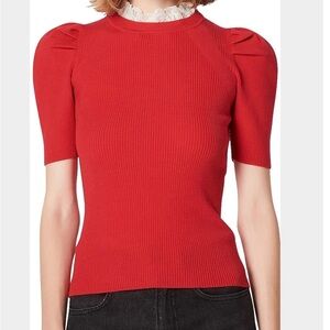 Sandro Puff Sleeve Knit Top with Lace Neck